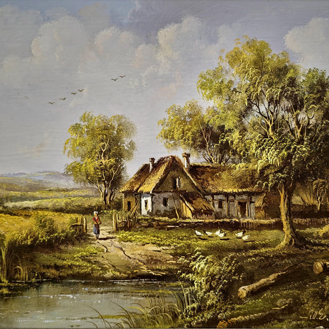 Vintage Hungarian Farmhouse Oil Painting, Signed Rustic Wall Decor
