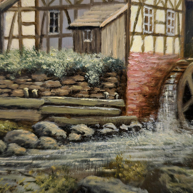 Vintage Dutch Landscape Oil Painting, Watermill Scene, Framed Wall Decor