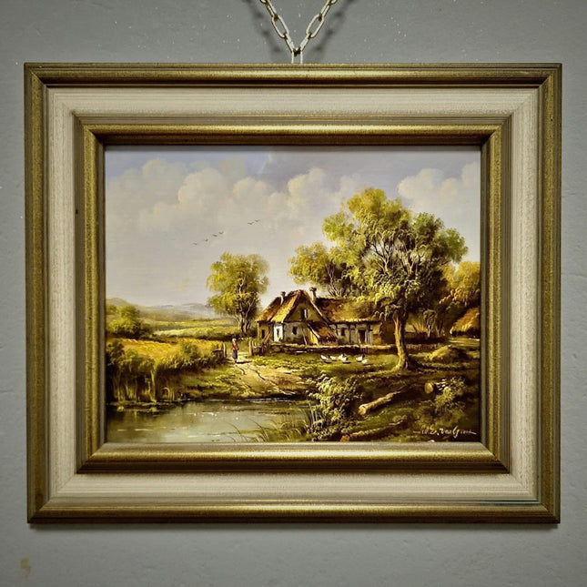 Vintage Hungarian Farmhouse Oil Painting, Signed Rustic Wall Decor