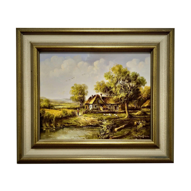 Vintage Hungarian Farmhouse Oil Painting, Signed Rustic Wall Decor