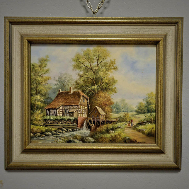Vintage Dutch Landscape Oil Painting, Watermill Scene, Framed Wall Decor