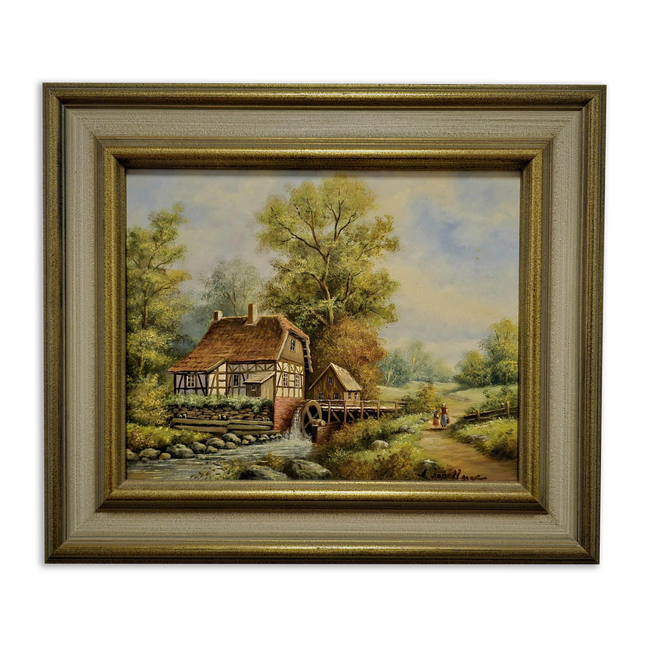 Vintage Dutch Landscape Oil Painting, Watermill Scene, Framed Wall Decor