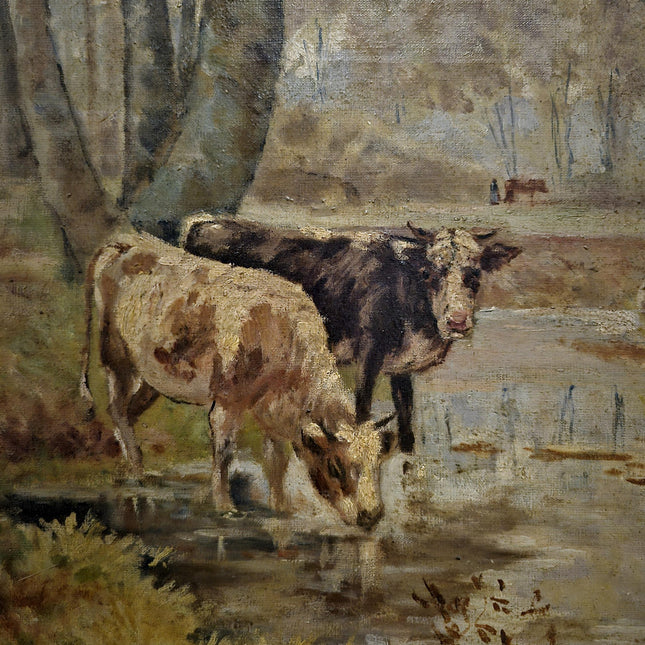 Antique Large French Oil Painting Gold Frame Woodland Autumn Landscape with Cows Vintage Signed Artwork Wall Art for Home Decor Unique Gift