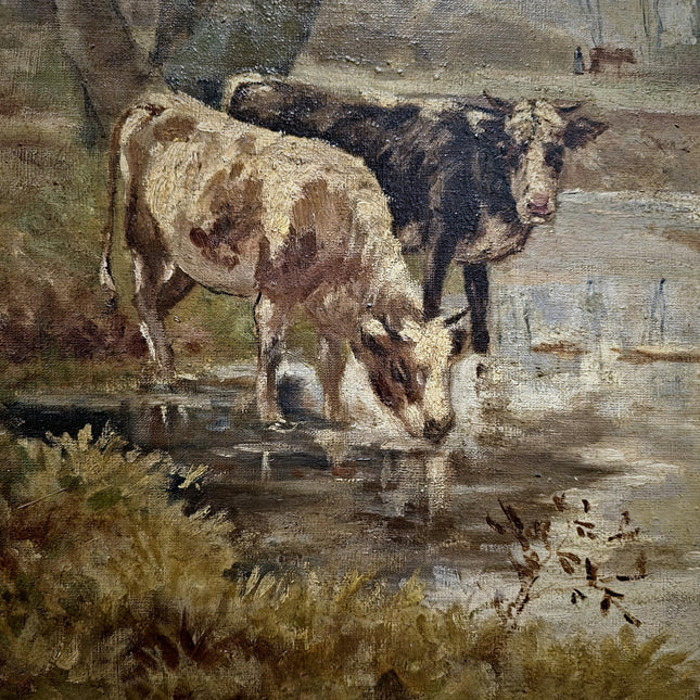Antique Large French Oil Painting Gold Frame Woodland Autumn Landscape with Cows Vintage Signed Artwork Wall Art for Home Decor Unique Gift