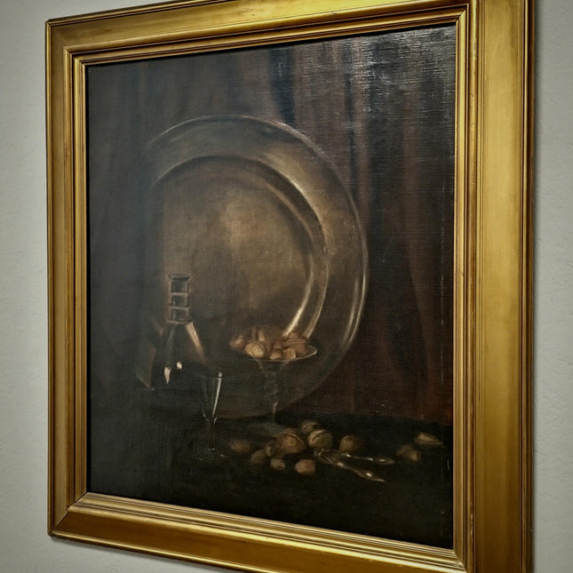 Antique Dutch Dark Moody Still Life Oil Painting, 19th Century Vintage Signed Fine Art, Collectible Gold Framed Artwork, Classic Wall Decor