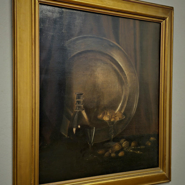 Antique Dutch Dark Moody Still Life Oil Painting, 19th Century Vintage Signed Fine Art, Collectible Gold Framed Artwork, Classic Wall Decor