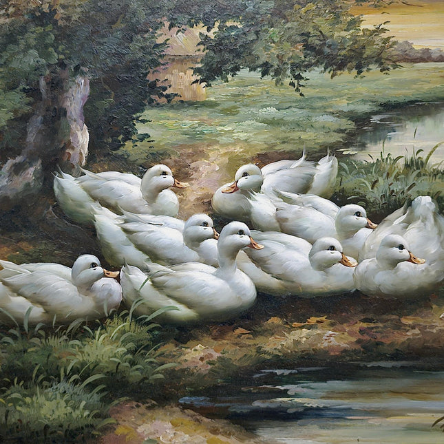 Vintage Dutch Oil Painting, Mid-Century Pastoral Ducks Scene, Framed Nature Artwork, European Original Rustic Wall Art for Home Decor