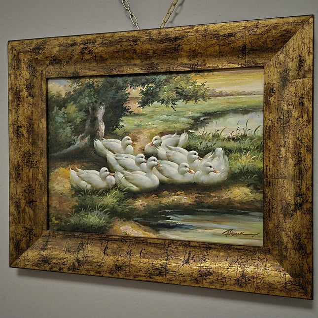 Vintage Dutch Oil Painting, Mid-Century Pastoral Ducks Scene, Framed Nature Artwork, European Original Rustic Wall Art for Home Decor