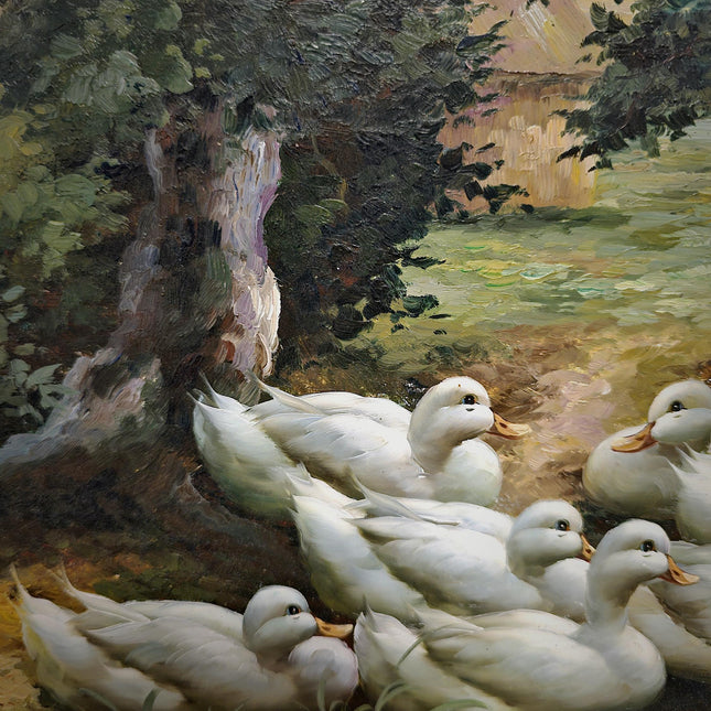 Vintage Dutch Oil Painting, Mid-Century Pastoral Ducks Scene, Framed Nature Artwork, European Original Rustic Wall Art for Home Decor