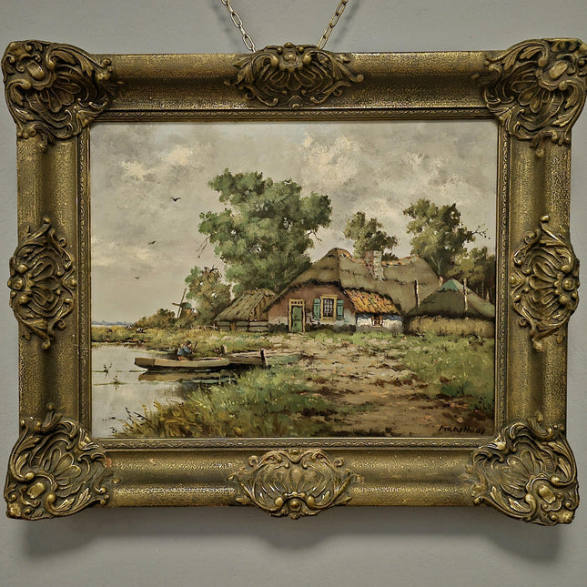 Antique Dutch Landscape Oil Painting Signed Impressionist Artwork On Canvas Framed Vintage Collectible Wall Art Home Decor European Fine Art