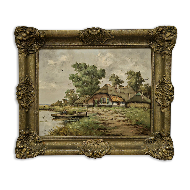 Antique Dutch Landscape Oil Painting Signed Impressionist Artwork On Canvas Framed Vintage Collectible Wall Art Home Decor European Fine Art