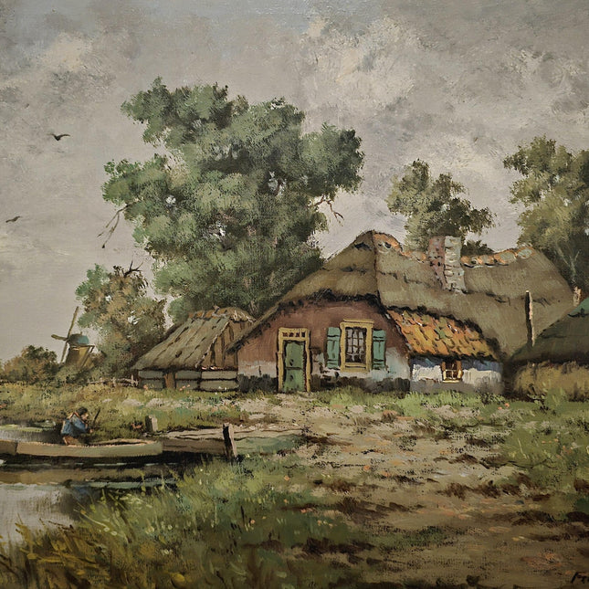 Antique Dutch Landscape Oil Painting Signed Impressionist Artwork On Canvas Framed Vintage Collectible Wall Art Home Decor European Fine Art