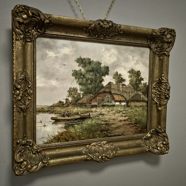 Antique Dutch Landscape Oil Painting Signed Impressionist Artwork On Canvas Framed Vintage Collectible Wall Art Home Decor European Fine Art