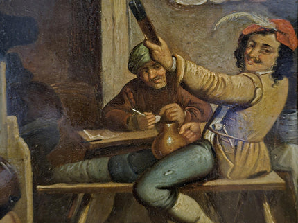 Dutch Antique Tavern Scene Oil Painting Framed, 19th Century European Dark Genre Classic Baroque Art, Old Master Collectible Art