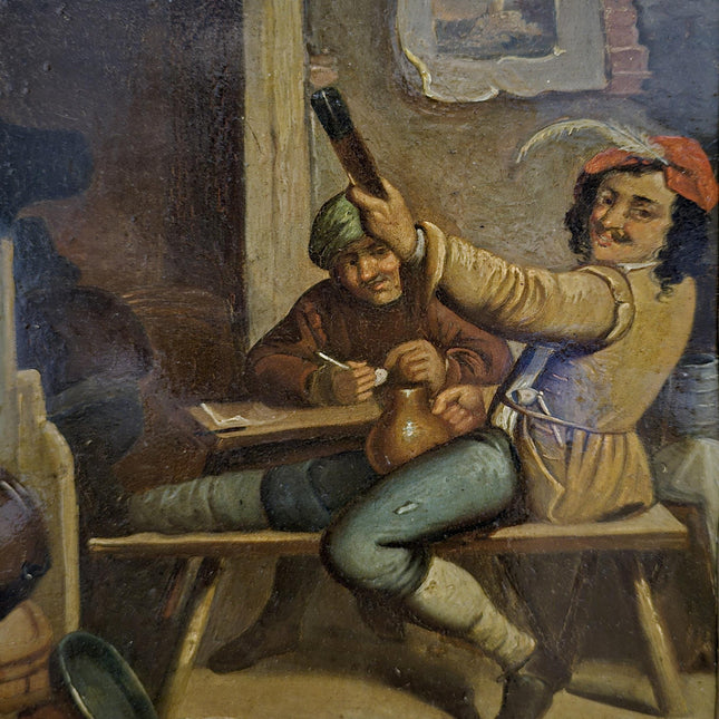 Dutch Antique Tavern Scene Oil Painting Framed, 19th Century European Dark Genre Classic Baroque Art, Old Master Collectible Art