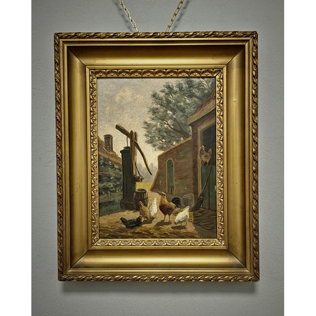 Antique Dutch Farmyard Oil Painting, Signed Rural Artwork, Gold Framed Vintage Fine Art, Collectible European Rustic Wall Decor, Unique Gift