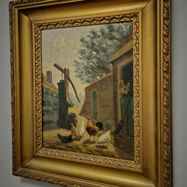 Antique Dutch Farmyard Oil Painting, Signed Rural Artwork, Gold Framed Vintage Fine Art, Collectible European Rustic Wall Decor, Unique Gift