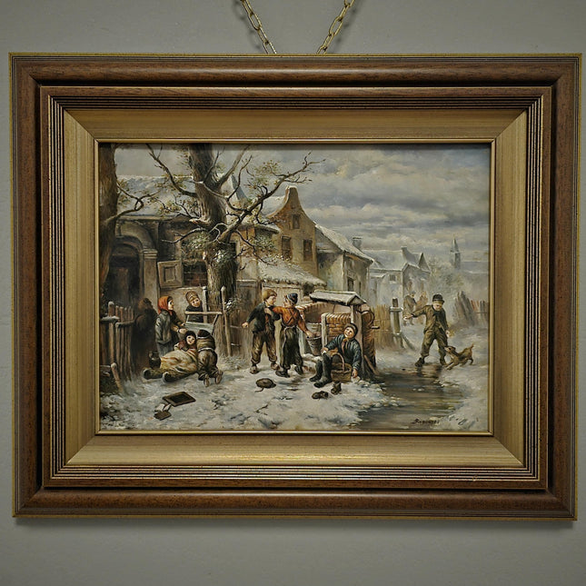 Antique Polish Oil Painting, Signed Winter Village Genre Scene, Vintage Gold Framed Artwork Collectible European Fine Art Classic Wall Decor