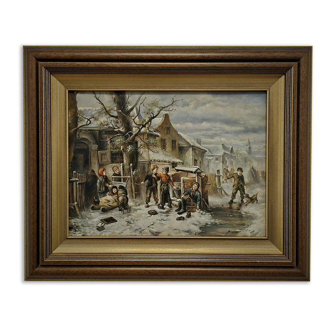 Antique Polish Oil Painting, Signed Winter Village Genre Scene, Vintage Gold Framed Artwork Collectible European Fine Art Classic Wall Decor