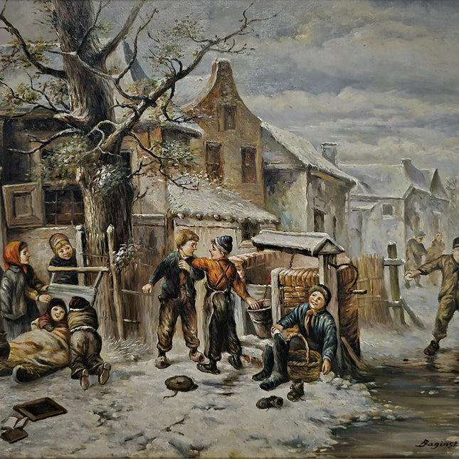 Antique Polish Oil Painting, Signed Winter Village Genre Scene, Vintage Gold Framed Artwork Collectible European Fine Art Classic Wall Decor