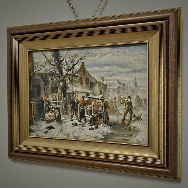 Antique Polish Oil Painting, Signed Winter Village Genre Scene, Vintage Gold Framed Artwork Collectible European Fine Art Classic Wall Decor