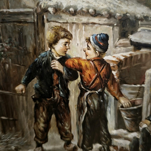 Antique Polish Oil Painting, Signed Winter Village Genre Scene, Vintage Gold Framed Artwork Collectible European Fine Art Classic Wall Decor