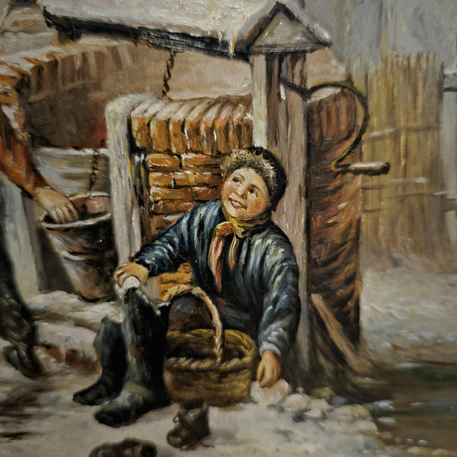 Antique Polish Oil Painting, Signed Winter Village Genre Scene, Vintage Gold Framed Artwork Collectible European Fine Art Classic Wall Decor