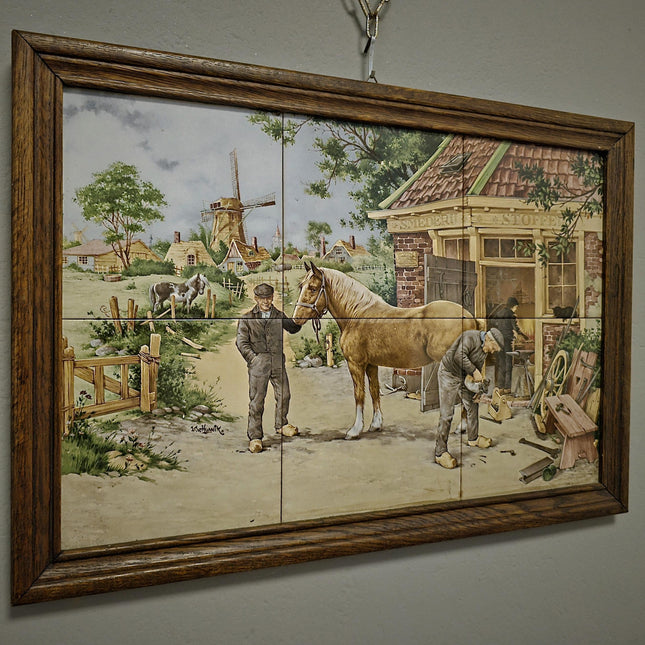 Vintage Dutch Tile Panel Blacksmith Scene, Framed Ceramic Art, European Pottery Decor