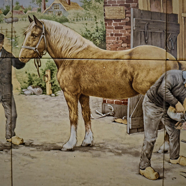 Vintage Dutch Tile Panel Blacksmith Scene, Framed Ceramic Art, European Pottery Decor