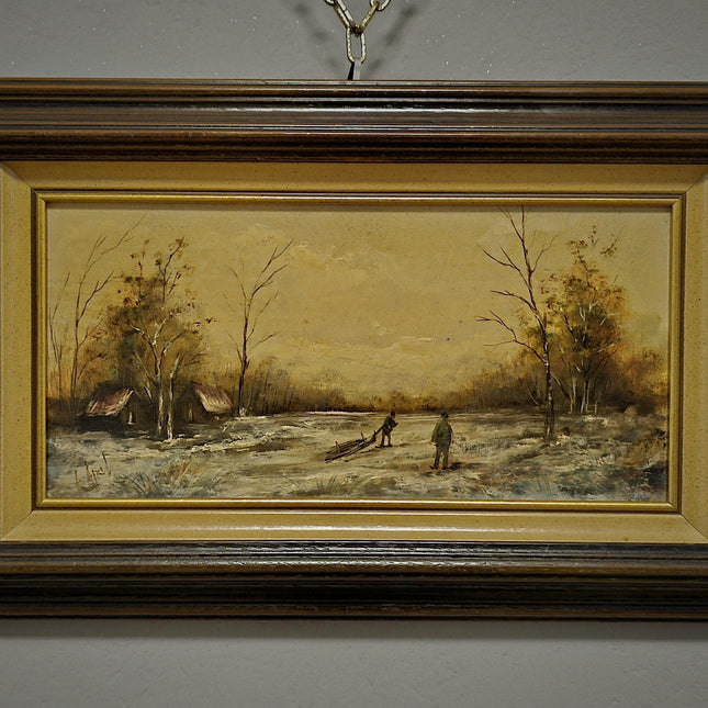Vintage Dutch Dark Moody Winter Landscape Oil Painting, Signed Snowy Farm Scene Artwork, Framed Fine Art European Original Rustic Wall Decor