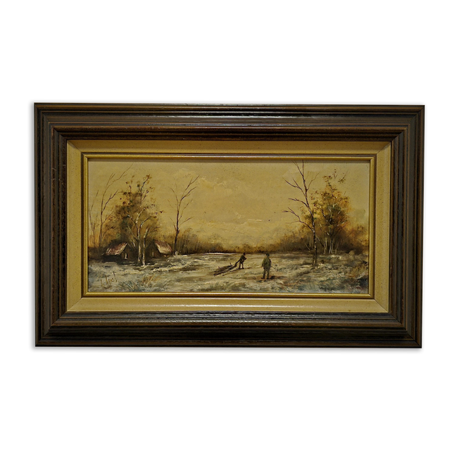 Vintage Dutch Dark Moody Winter Landscape Oil Painting, Signed Snowy Farm Scene Artwork, Framed Fine Art European Original Rustic Wall Decor