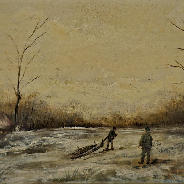Vintage Dutch Dark Moody Winter Landscape Oil Painting, Signed Snowy Farm Scene Artwork, Framed Fine Art European Original Rustic Wall Decor