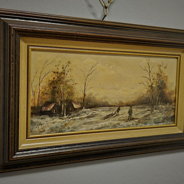 Vintage Dutch Dark Moody Winter Landscape Oil Painting, Signed Snowy Farm Scene Artwork, Framed Fine Art European Original Rustic Wall Decor
