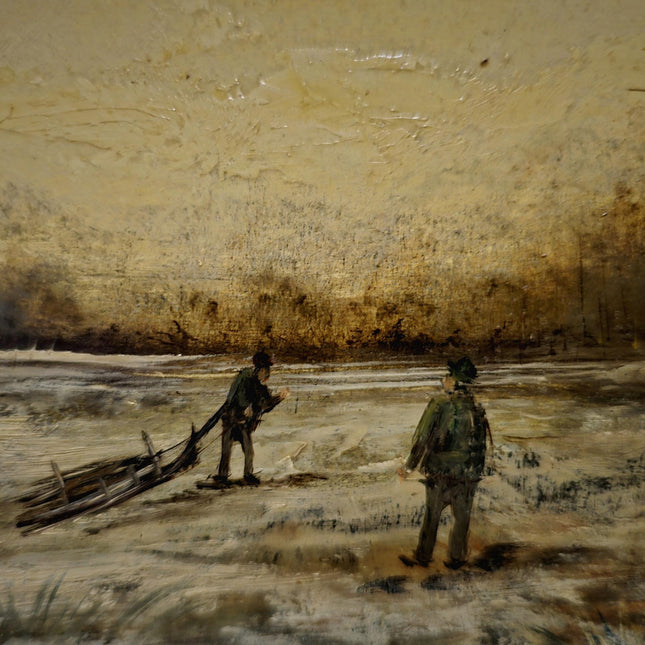 Vintage Dutch Dark Moody Winter Landscape Oil Painting, Signed Snowy Farm Scene Artwork, Framed Fine Art European Original Rustic Wall Decor