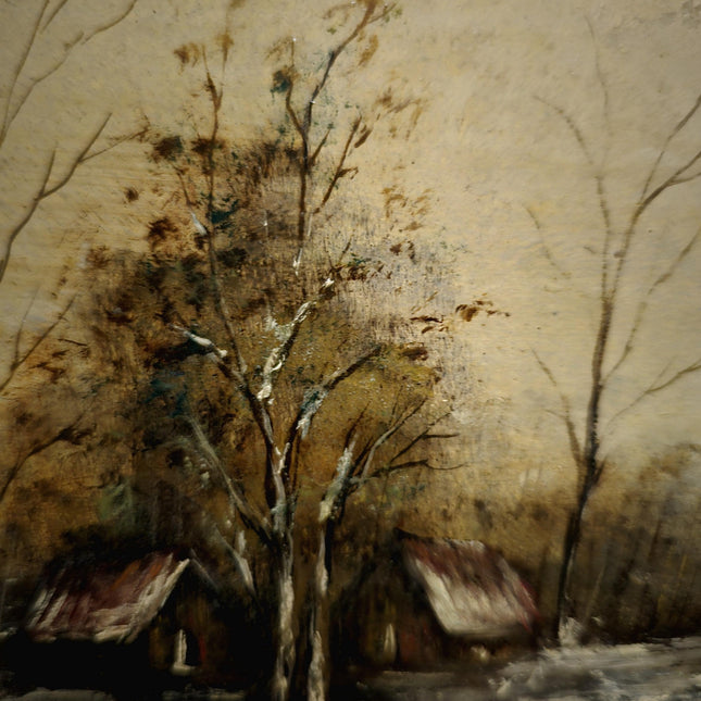 Vintage Dutch Dark Moody Winter Landscape Oil Painting, Signed Snowy Farm Scene Artwork, Framed Fine Art European Original Rustic Wall Decor