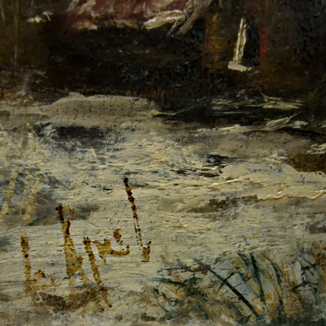 Vintage Dutch Dark Moody Winter Landscape Oil Painting, Signed Snowy Farm Scene Artwork, Framed Fine Art European Original Rustic Wall Decor
