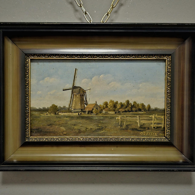 Antique Dutch Oil Painting, Original Dark Moody Windmill Landscape, Signed Artwork Vintage European Rustic Art Collectible Framed Wall Decor