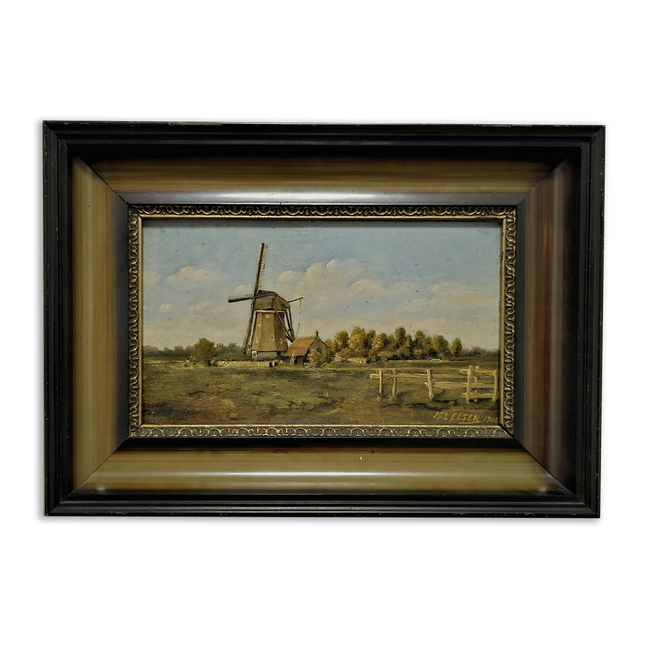 Antique Dutch Oil Painting, Original Dark Moody Windmill Landscape, Signed Artwork Vintage European Rustic Art Collectible Framed Wall Decor