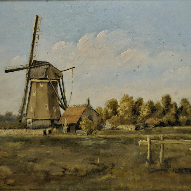 Antique Dutch Oil Painting, Original Dark Moody Windmill Landscape, Signed Artwork Vintage European Rustic Art Collectible Framed Wall Decor