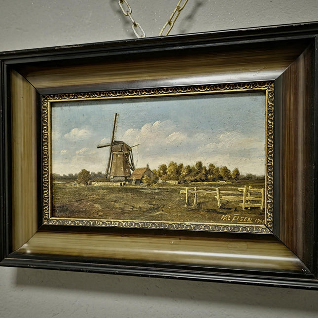 Antique Dutch Oil Painting, Original Dark Moody Windmill Landscape, Signed Artwork Vintage European Rustic Art Collectible Framed Wall Decor