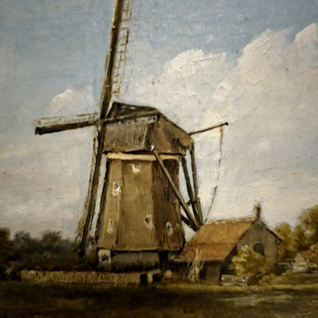 Antique Dutch Oil Painting, Original Dark Moody Windmill Landscape, Signed Artwork Vintage European Rustic Art Collectible Framed Wall Decor