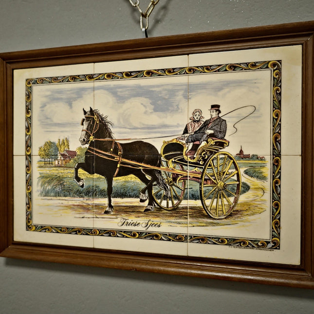 Vintage Dutch Ceramic Tile Panel Frisian Sjees Carriage Scene, Framed Wall Art, European Pottery Decor
