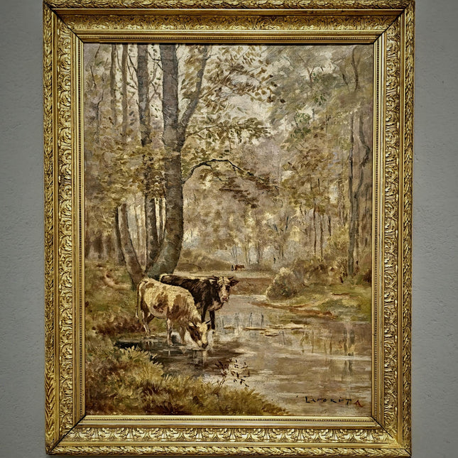 Antique Large French Oil Painting Gold Frame Woodland Autumn Landscape with Cows Vintage Signed Artwork Wall Art for Home Decor Unique Gift