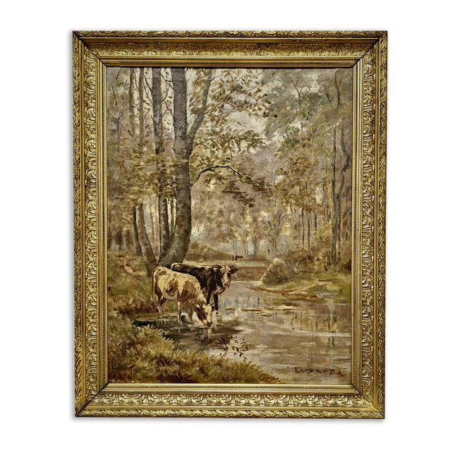 Antique Large French Oil Painting Gold Frame Woodland Autumn Landscape with Cows Vintage Signed Artwork Wall Art for Home Decor Unique Gift