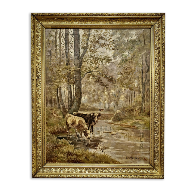 Antique Large French Oil Painting Gold Frame Woodland Autumn Landscape with Cows Vintage Signed Artwork Wall Art for Home Decor Unique Gift
