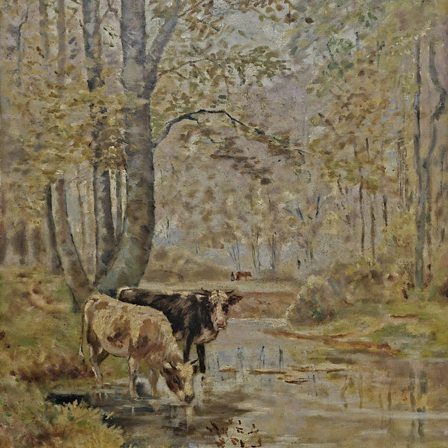 Antique Large French Oil Painting Gold Frame Woodland Autumn Landscape with Cows Vintage Signed Artwork Wall Art for Home Decor Unique Gift