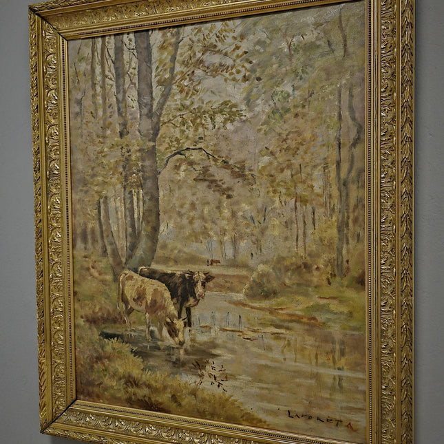 Antique Large French Oil Painting Gold Frame Woodland Autumn Landscape with Cows Vintage Signed Artwork Wall Art for Home Decor Unique Gift