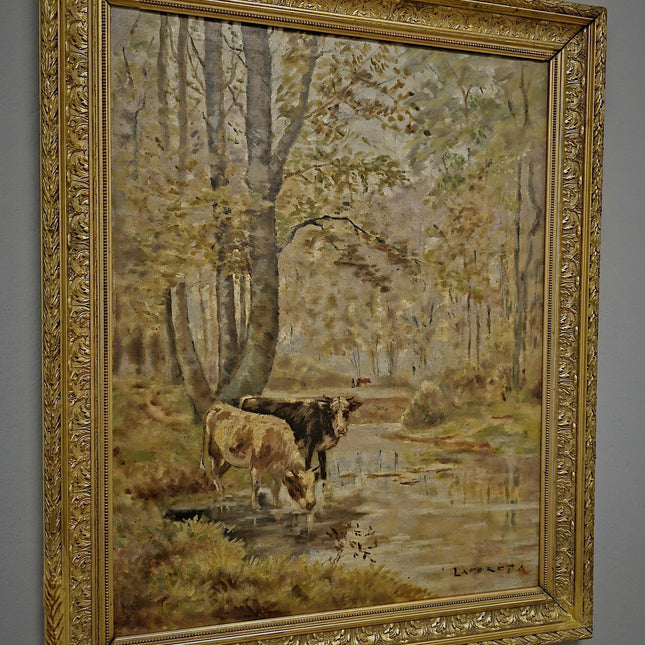 Antique Large French Oil Painting Gold Frame Woodland Autumn Landscape with Cows Vintage Signed Artwork Wall Art for Home Decor Unique Gift