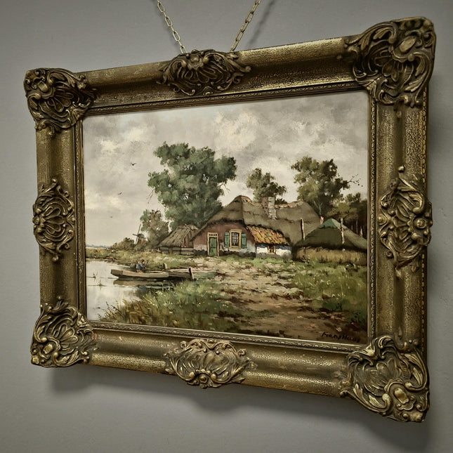 Antique Dutch Landscape Oil Painting Signed Impressionist Artwork On Canvas Framed Vintage Collectible Wall Art Home Decor European Fine Art