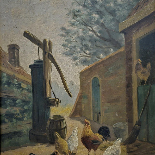 Antique Dutch Farmyard Oil Painting, Signed Rural Artwork, Gold Framed Vintage Fine Art, Collectible European Rustic Wall Decor, Unique Gift